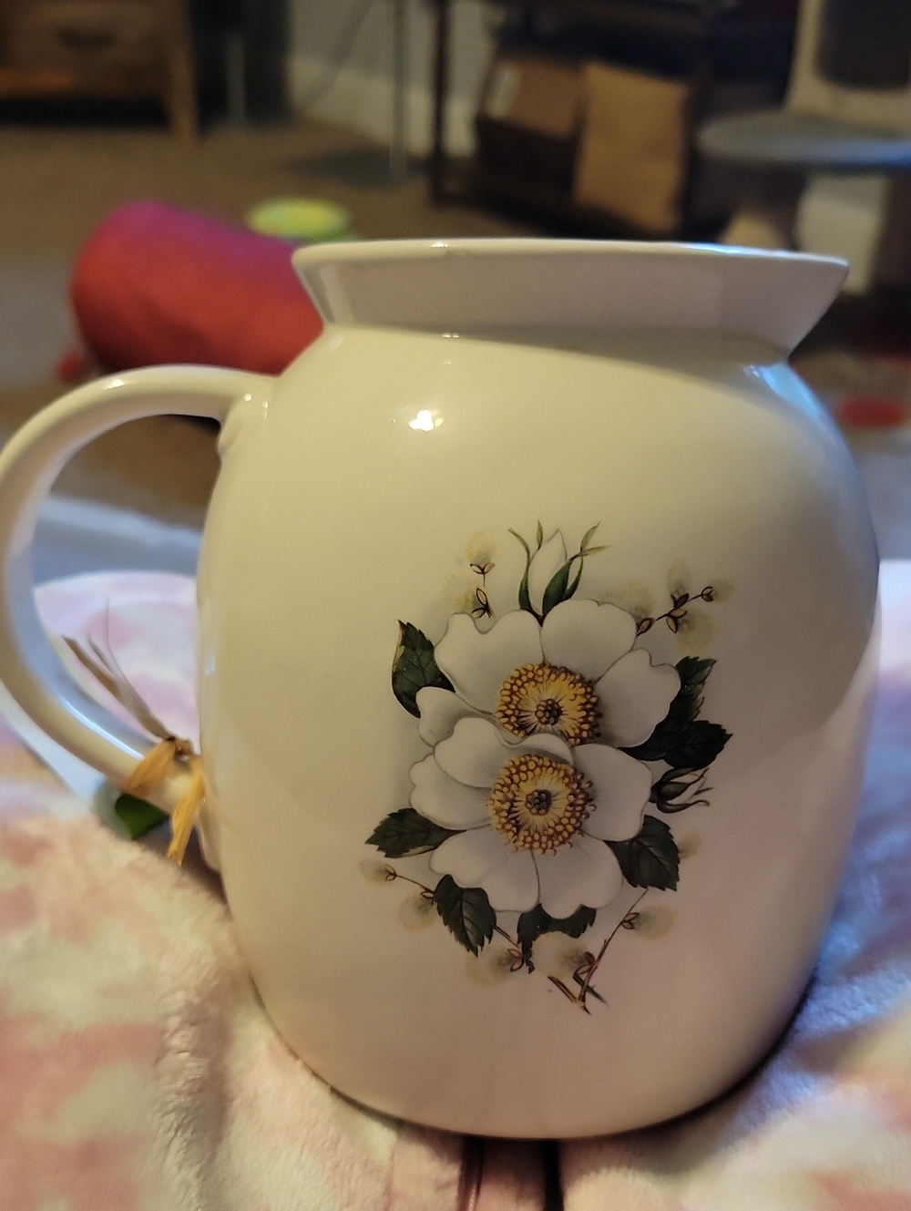 White Ceramic Floral Pitcher with Gold-Accent Dogwoid Flowers